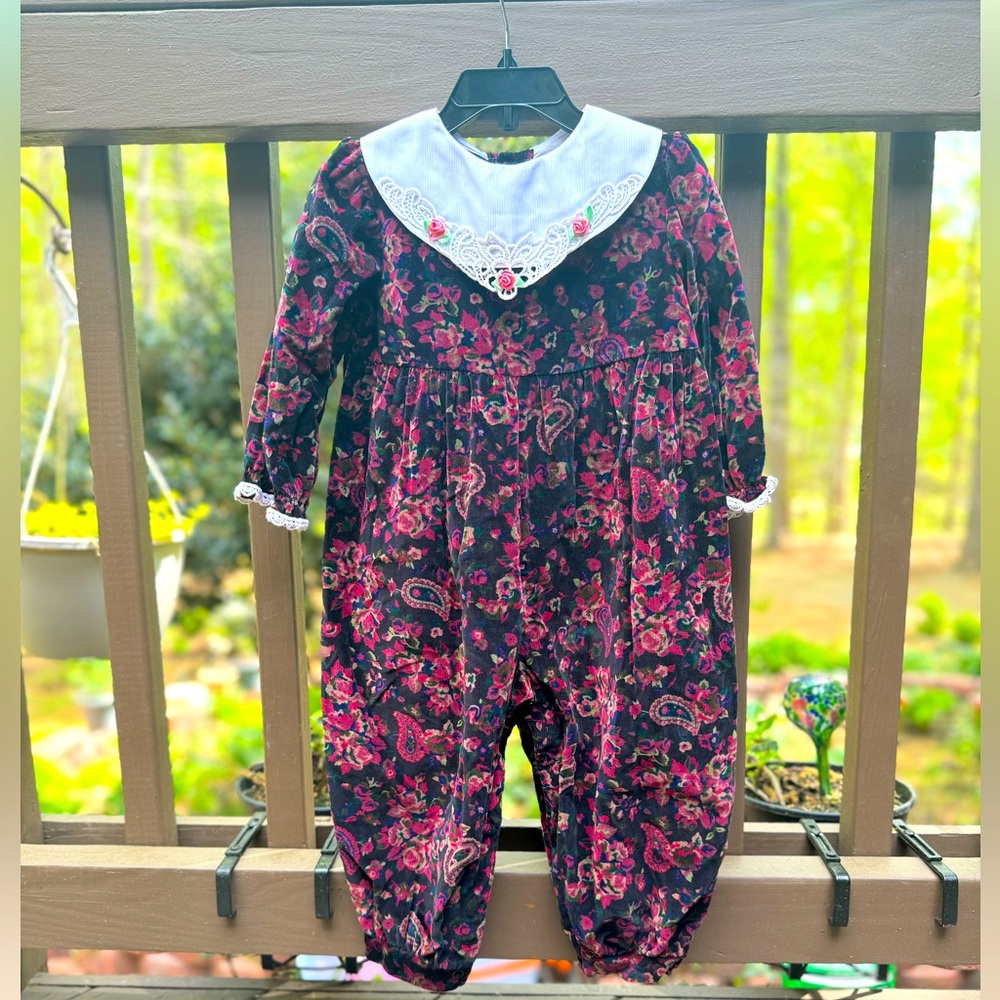 Vintage Velvet Embroidered Baby Romper Sz 24Month